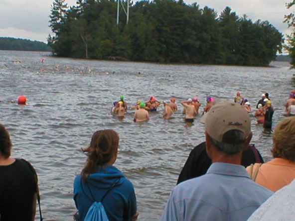 Waiting for the start - I'm the big guy in the back with the green swim cap on.