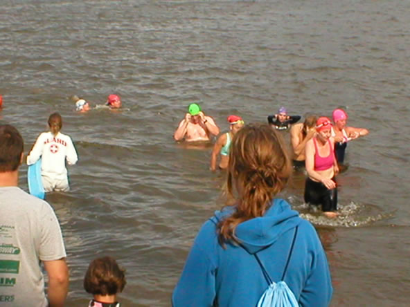 End of the swim.  That's me in the green cap.